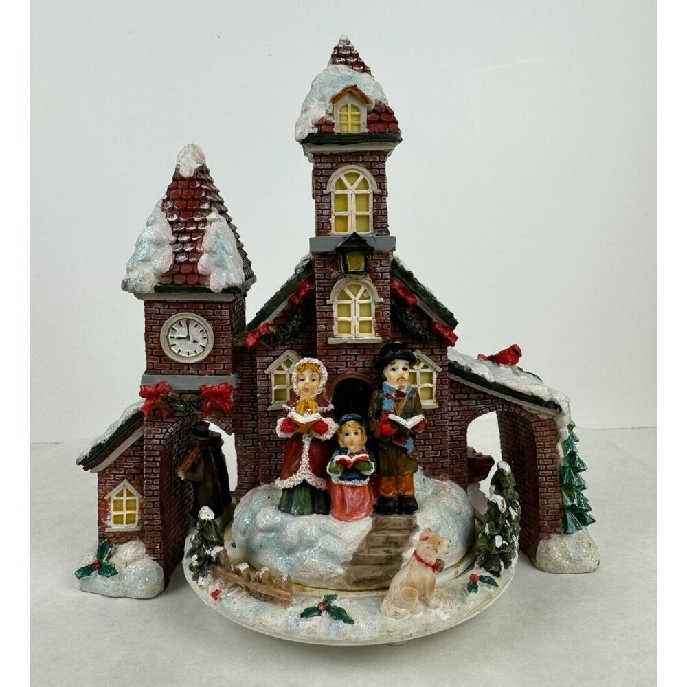 Vintage Musical Christmas Village Church Figurine Carolers Wind Up Animated 8.5"